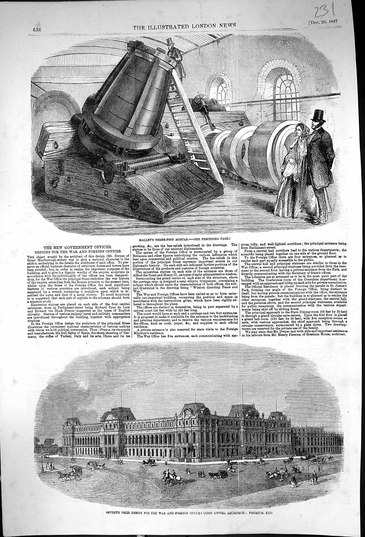Old 1857 Mallet Three-Foot Mortar War Foreign Office John Dwyer Archi Victorian
