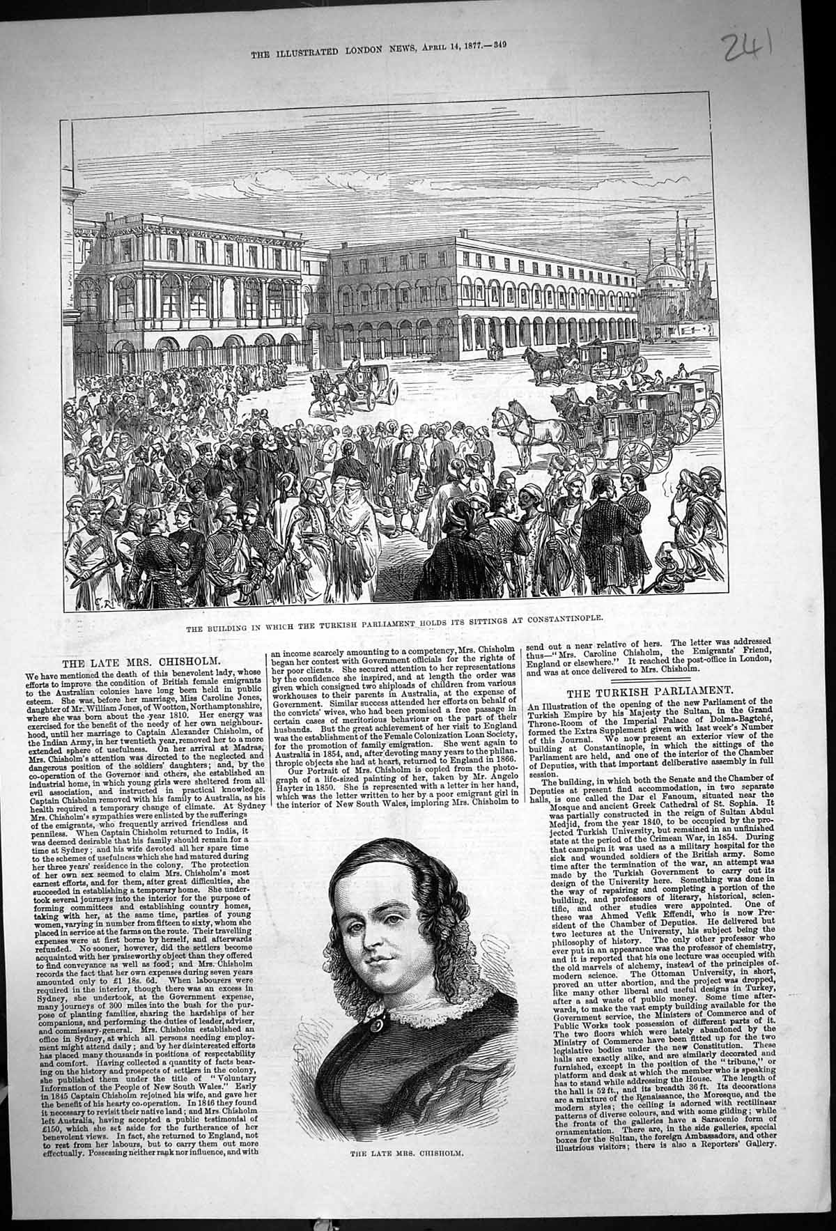 Antique Print 1877 Mrs. Chisholm Building Turkish Parliament Constantinople