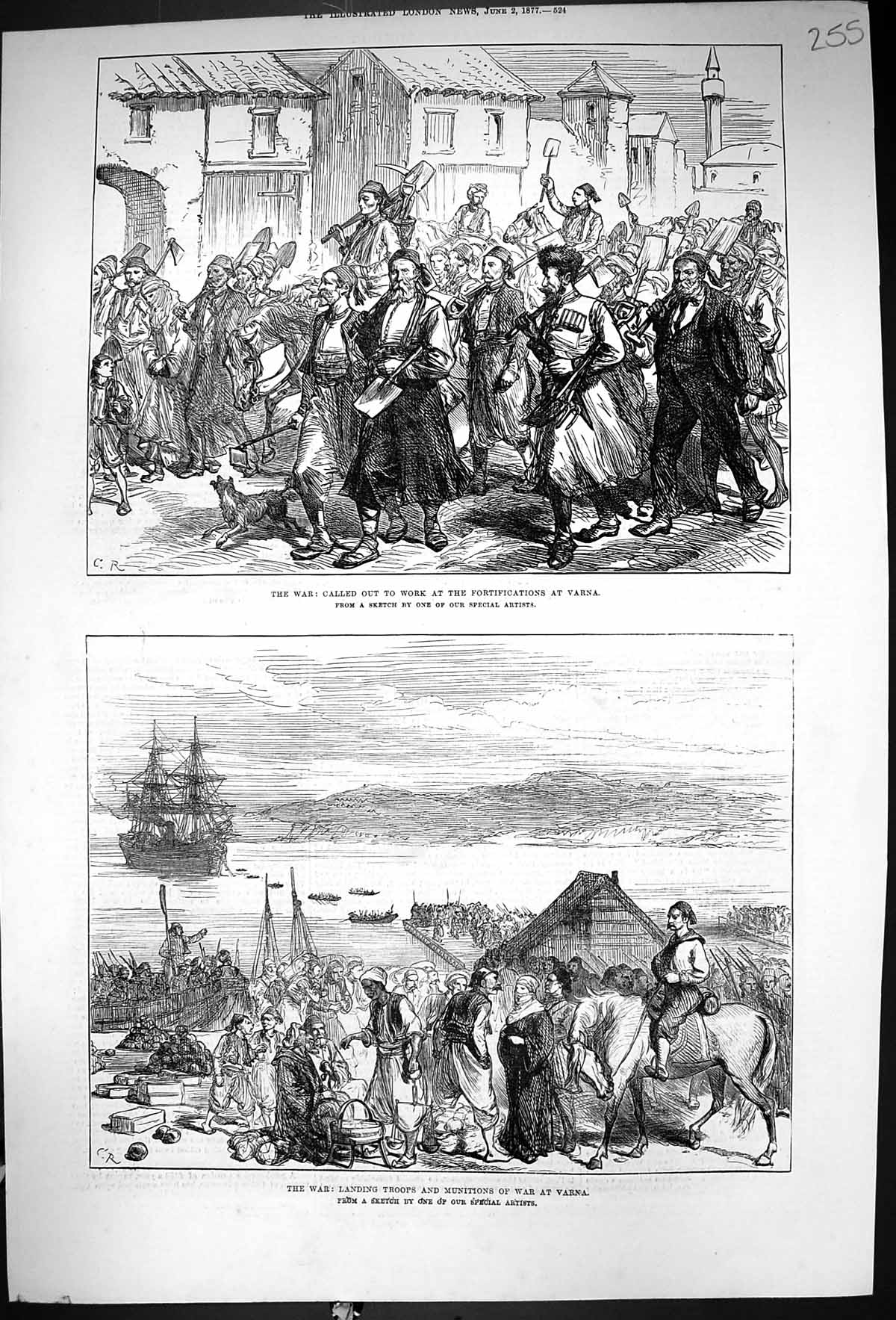 Old Antique Print 1877 War Varna Volunteers Landing Troops Munitions Ship 19th