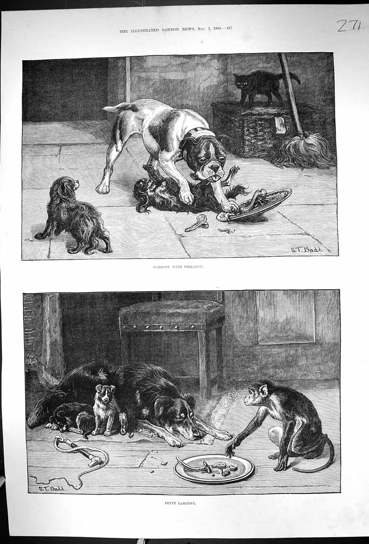 Old 1884 Dadd Fine Art Robbery Violence Larceny Puppy Dogs Monkey Ani Victorian