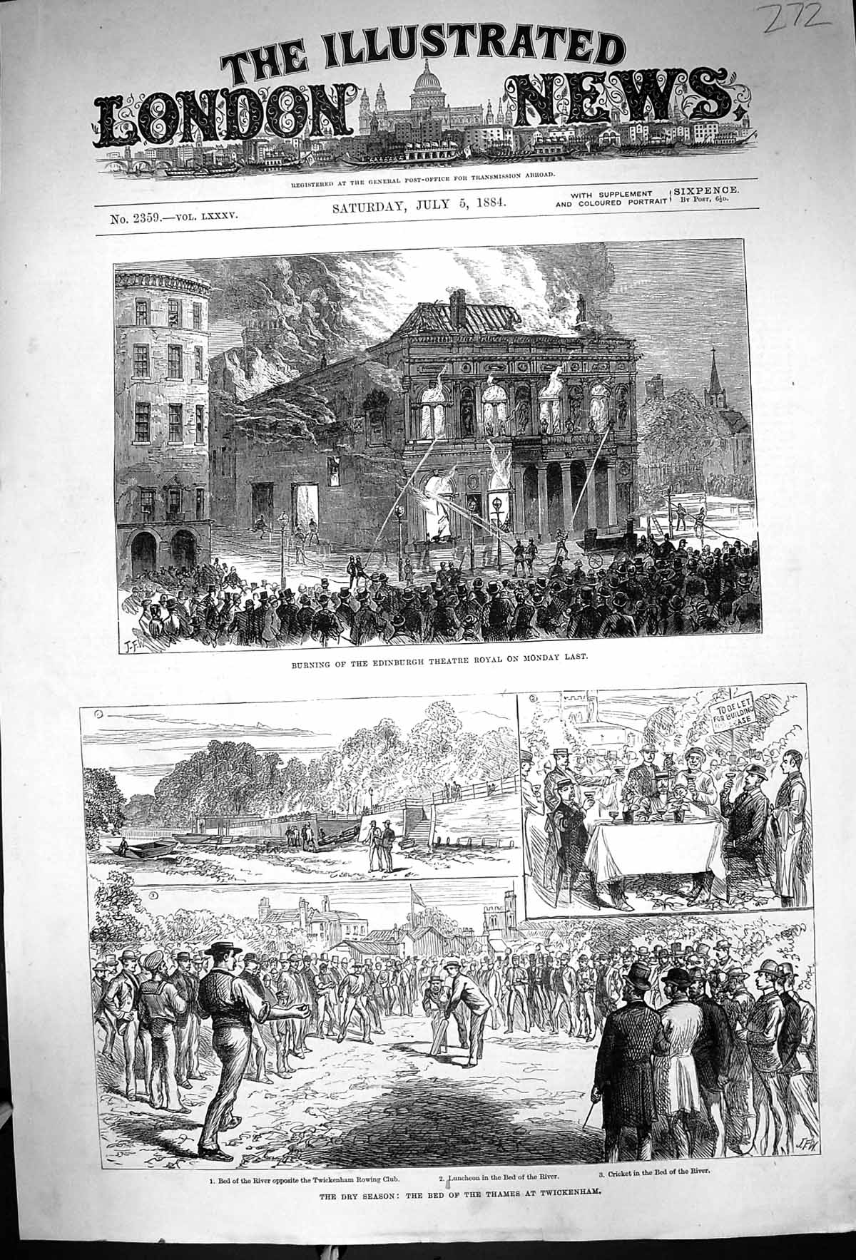 Old 1884 Fire Edinburgh Theatre Royal Dry Bed River Thames Cricket Tw Victorian