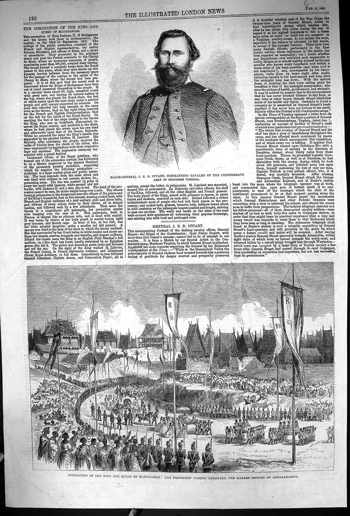 Old Print 1863 Major-General Stuart Civil War Coronation King Madagascar 19th