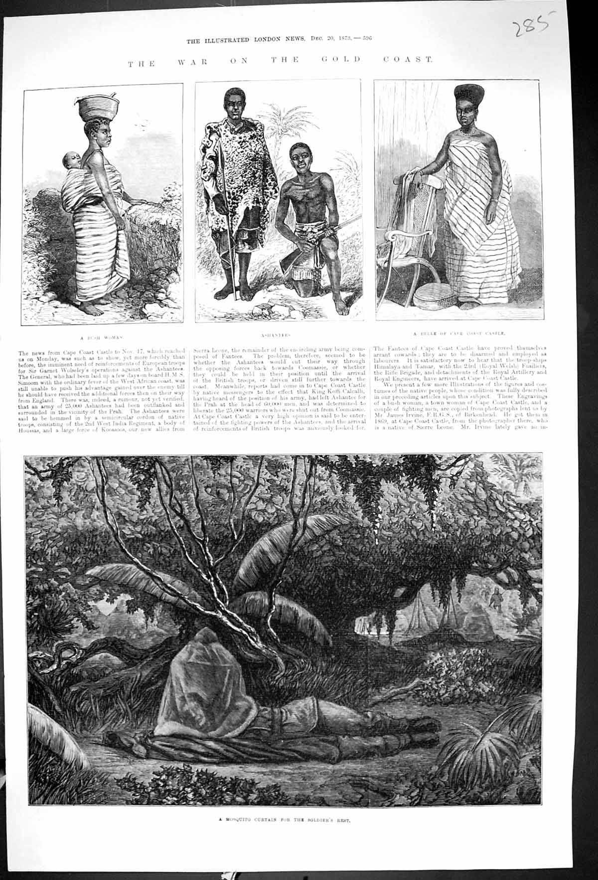 Antique Old Print 1873 War GCoats Bush Woman Ashantees Mosquito Curtain Sier