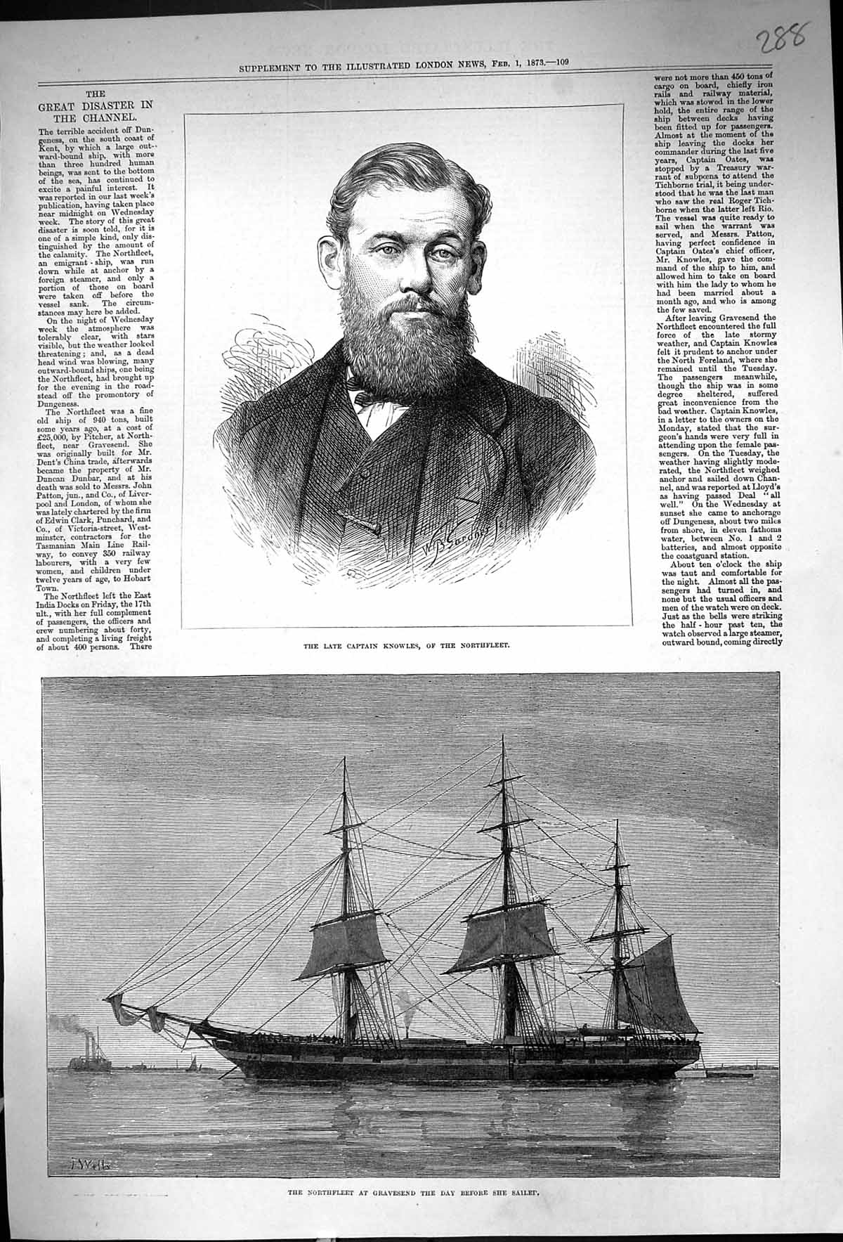 Old Antique Print 1873 Portrait Captain Knowles Northfleet Ship Gravesend 19th