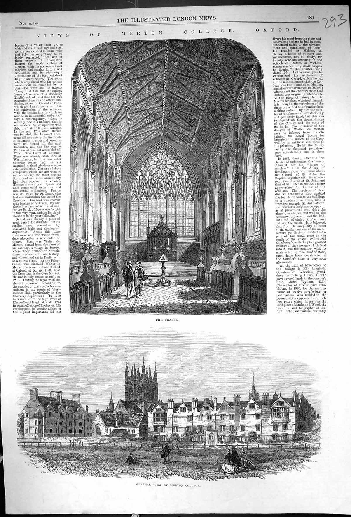 Old Antique Print 1864 Merton College Oxford Chapel Building Architecture 19th