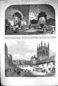 Old 1864 View Merton College Oxford Library Undergraduates Quadrangle Victorian