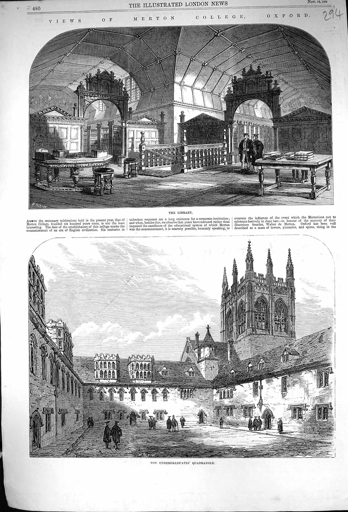 Old 1864 View Merton College Oxford Library Undergraduates Quadrangle Victorian