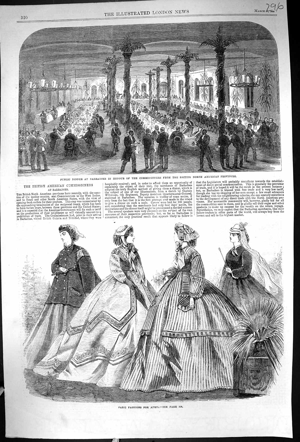 Old 1866 April Paris Fashions Dinner Barbadoes Commissioners British Victorian