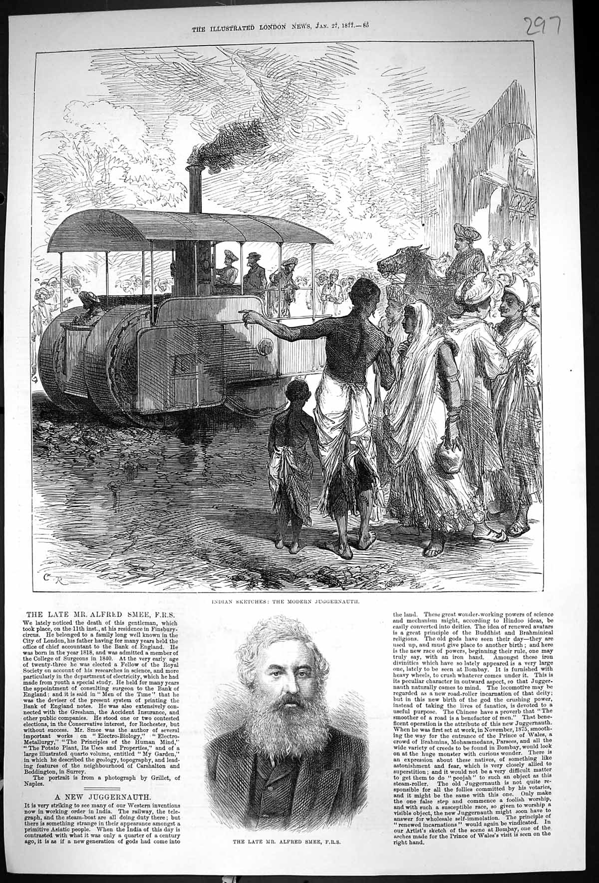 Antique Old Print 1877 Portrait Alfred Smee Author Modern Juggernauth Engine
