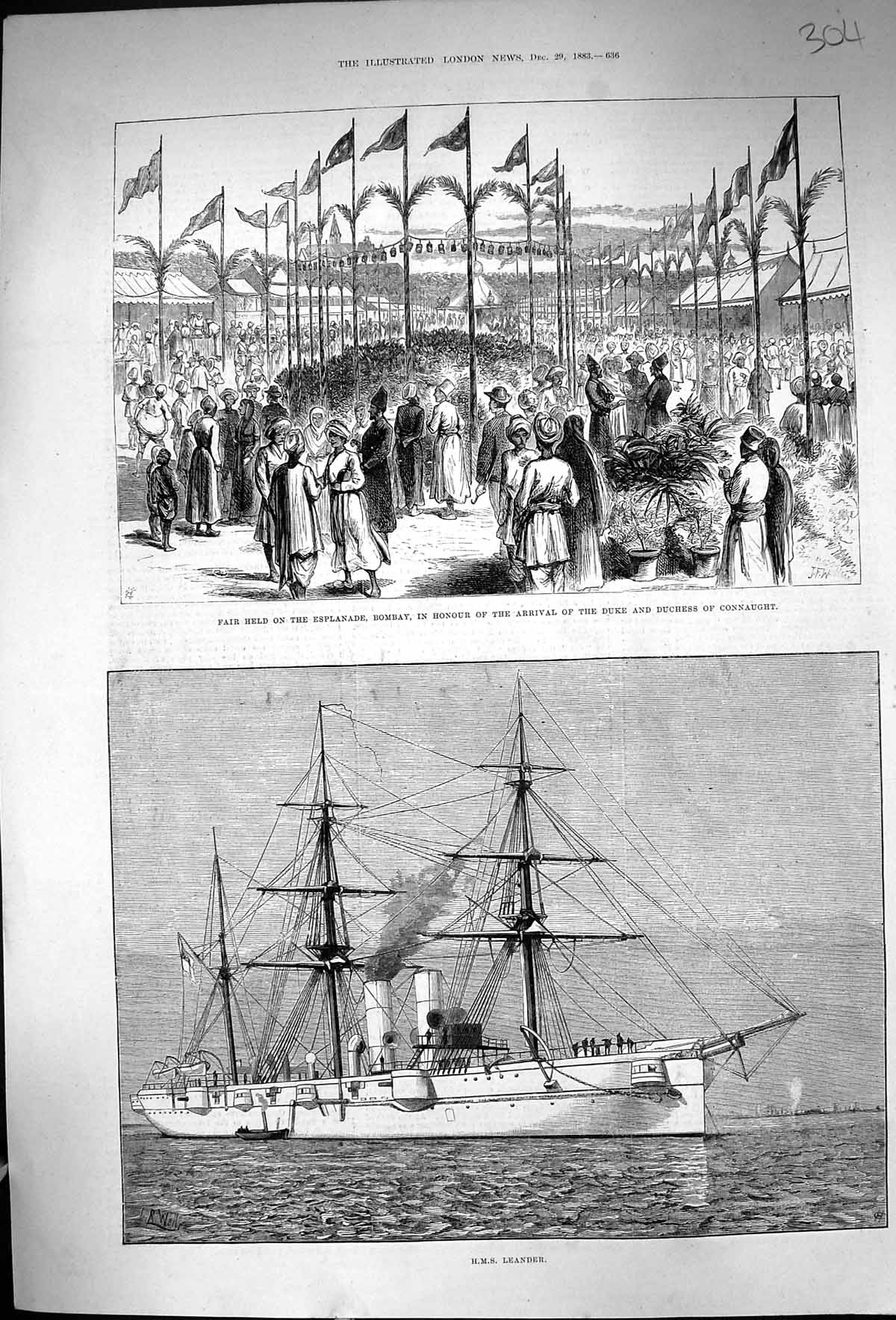 Old 1883 Fair Esplanade Bombay Duke Duchess Connaught Ship H.M.S. Lea Victorian