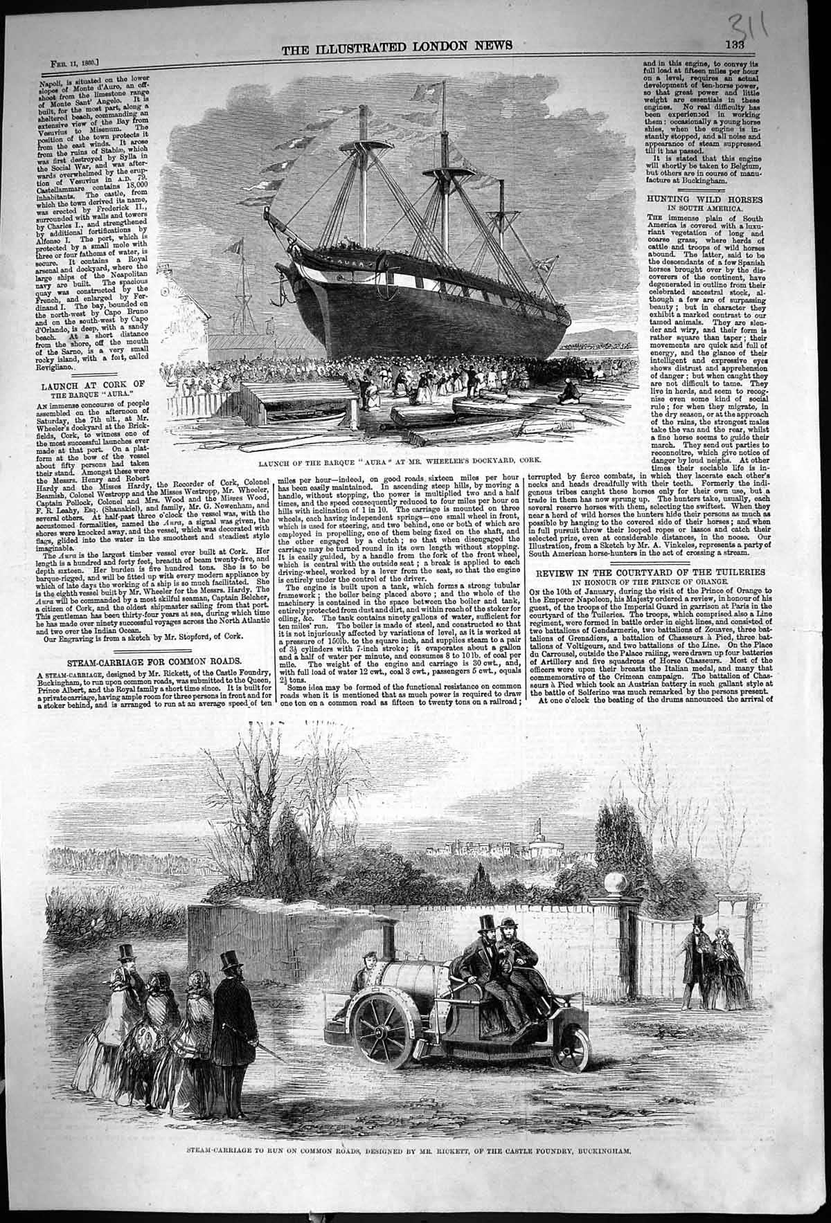 Old 1860 Launch Barque Ship Aura Wheeler'S Dock Cork Steam Carriage R Victorian