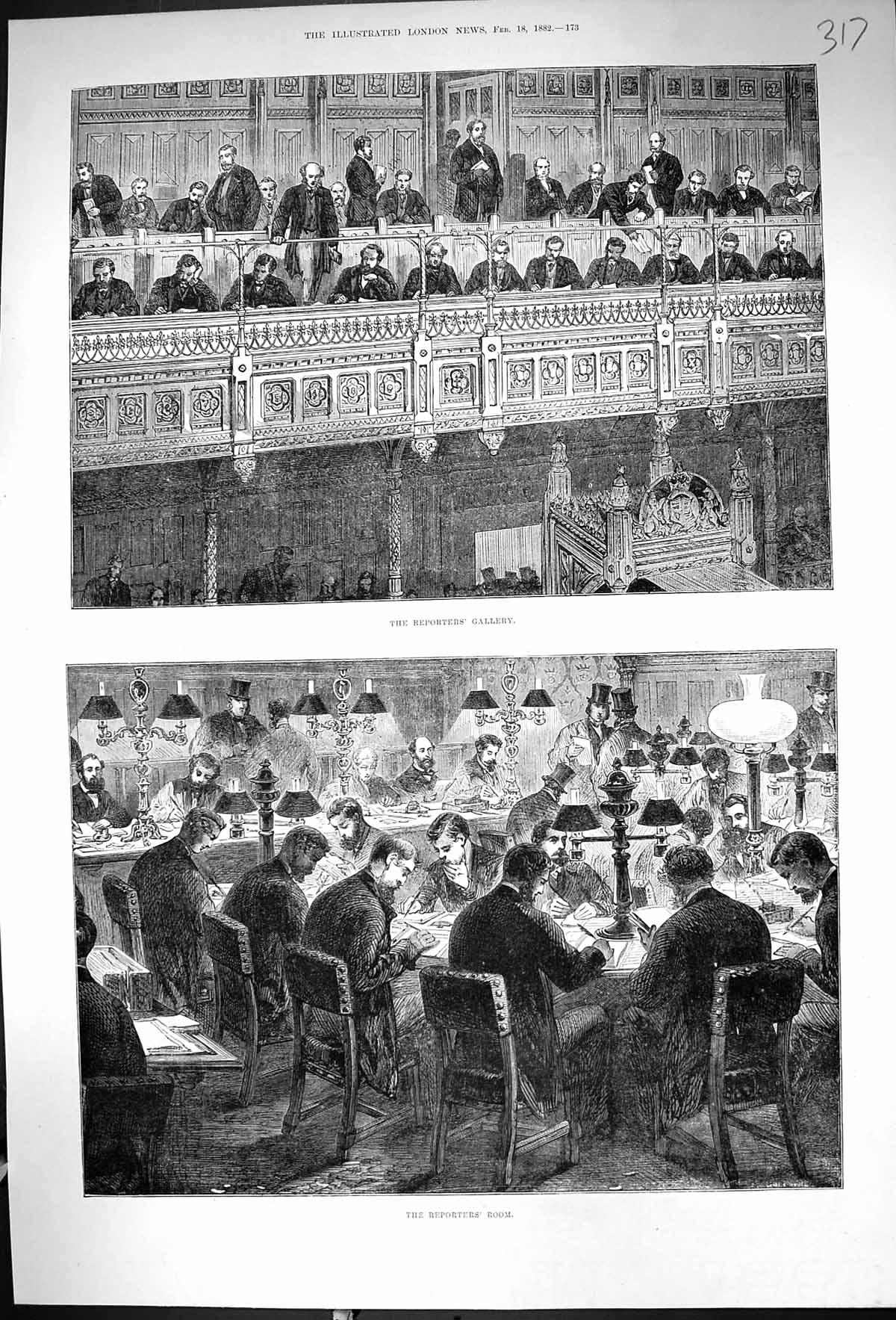 Original Old Antique Print 1882 Reporters Gallery Parliament House Commons 19th