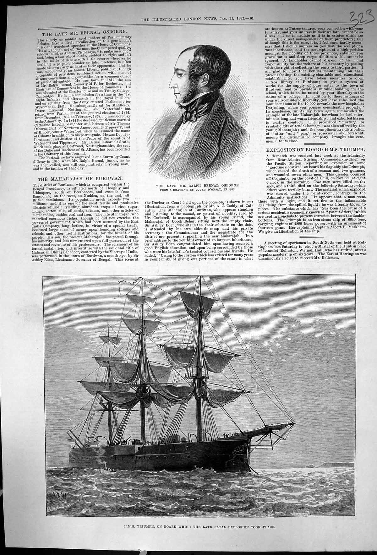 Original Old Antique Print 1882 Ralph Bernal Osborne War Ship H.M.S. Triumph