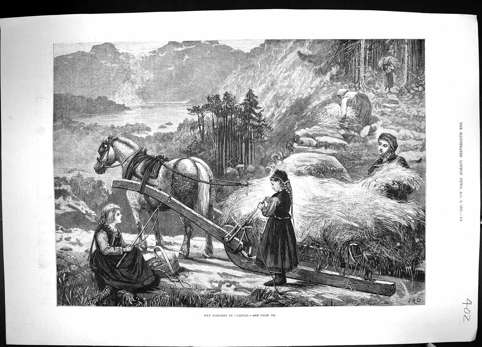 Old Antique Print 1881 Hay Harvest Norway Horse Sledge Mountains Fine Art 19th