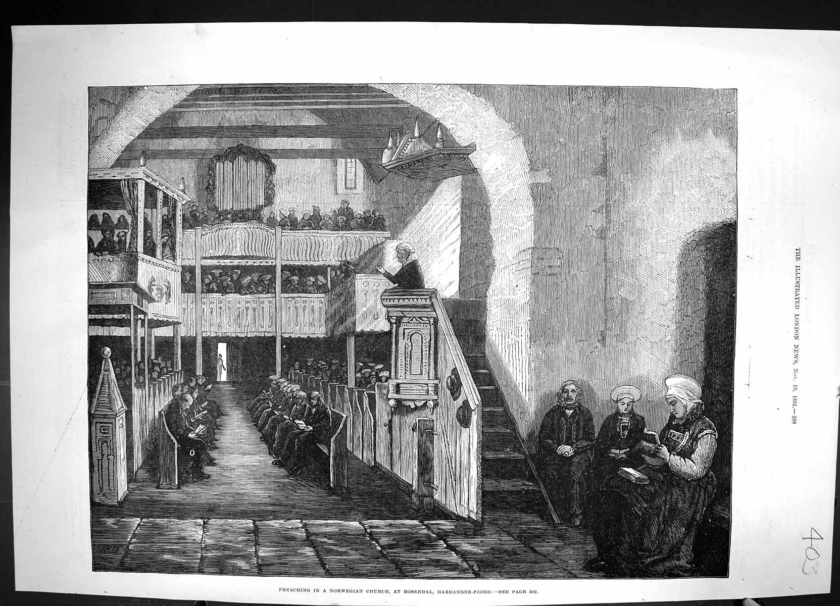 Old 1881 Scene Preaching Norwegian Church Rosendal Hardanger-Fjord No Victorian