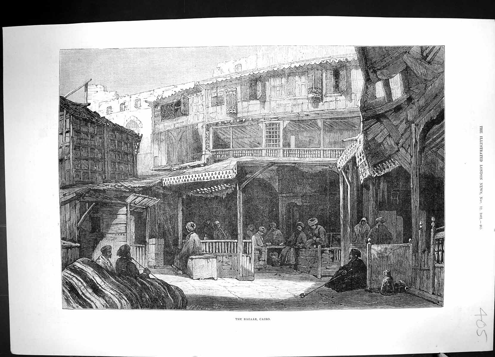 Old Antique Print 1881 Fine Art Scene Bazaar Cairo Egypt Men Smoking Pipe 19th