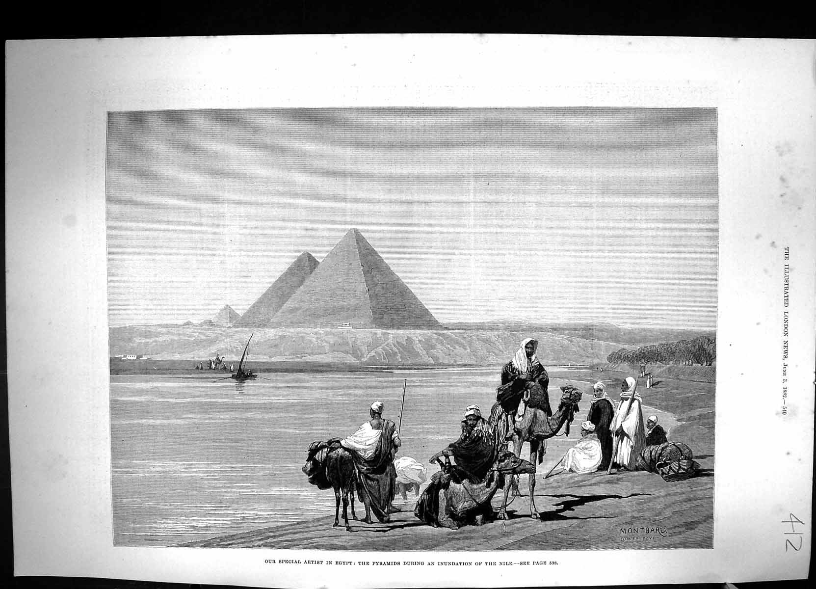 Old 1882 Egypt Pyramids Inundation Floods River Nile Camels Montbard Victorian