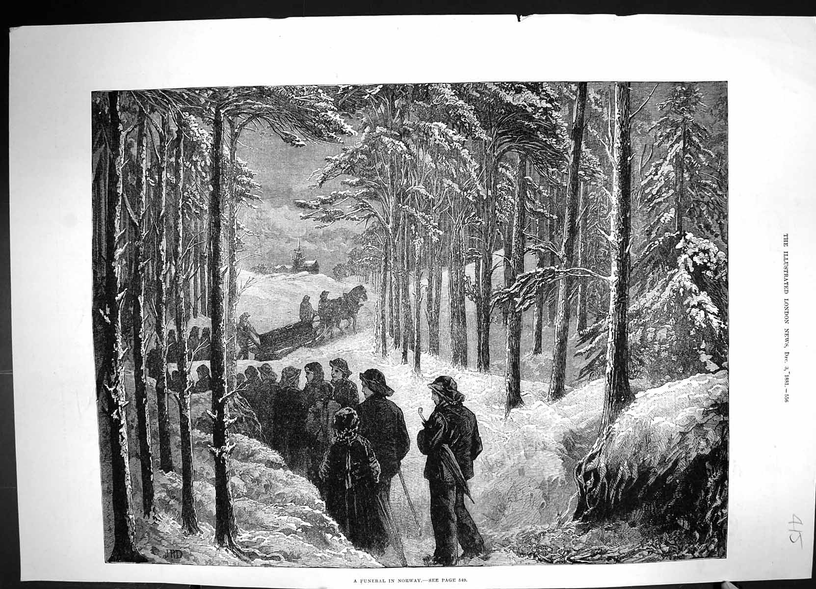 Old 1881 Funeral Scene Norway Snow Horses Sledge Trees Church Fine Ar Victorian