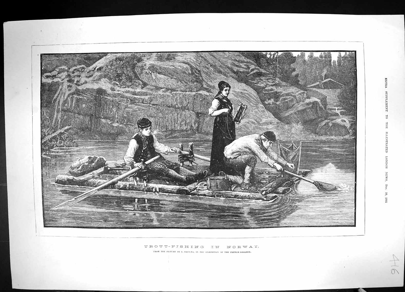 Original Old Antique Print 1881 Trout Fishing Norway River Boat Net Fine Art