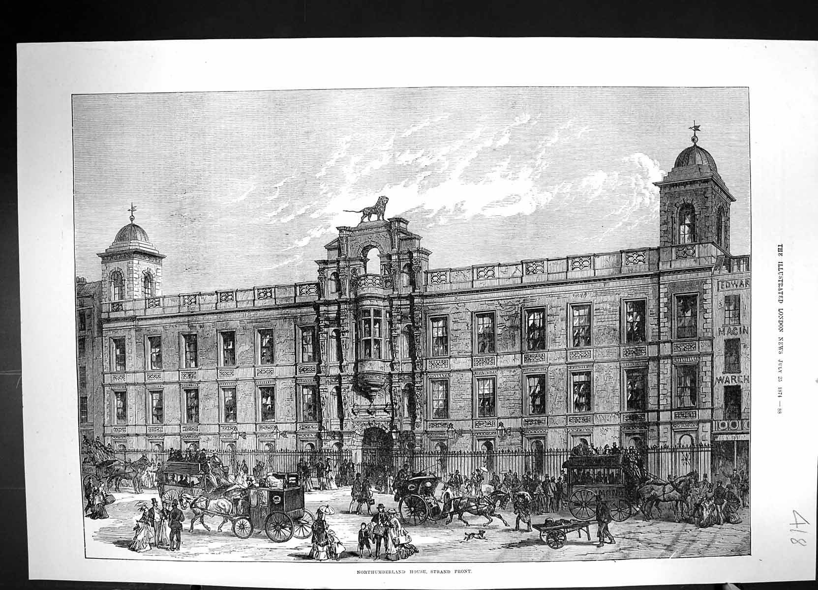 Old 1874 Street Scene Northumberland House Strand Front Architecture Victorian