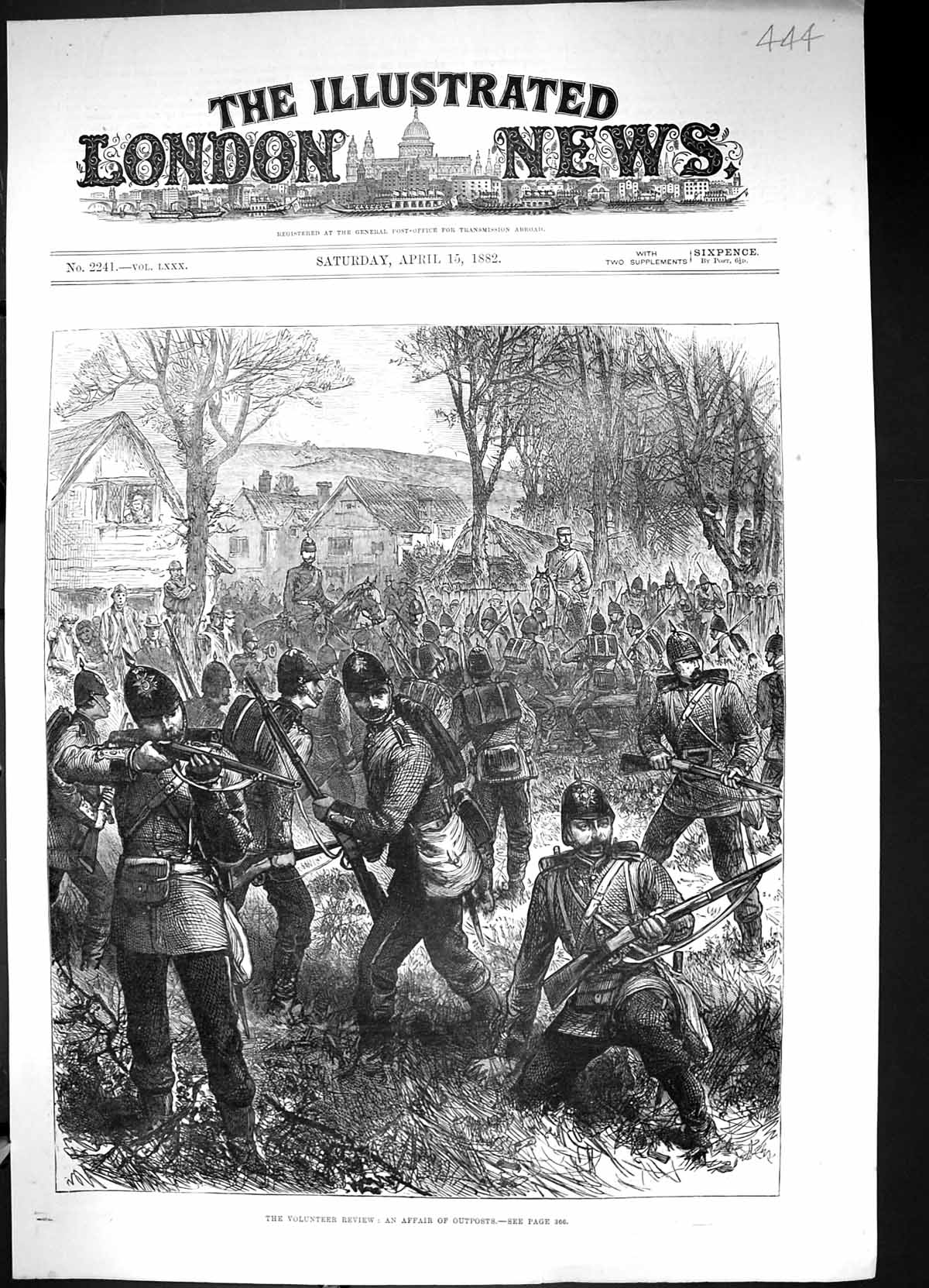 Original Old Antique Print 1882 Volunteer Review Affair Outposts Siers Weapons