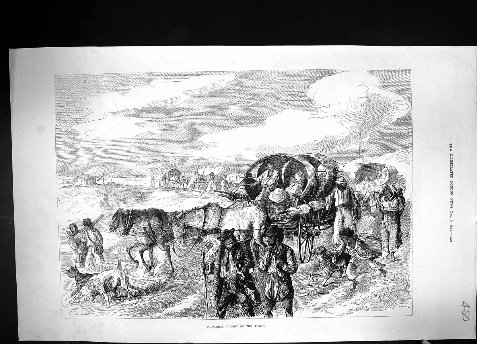 Antique Print 1874 Hungarian Gipsies Travelling Caravans Horses Dogs People