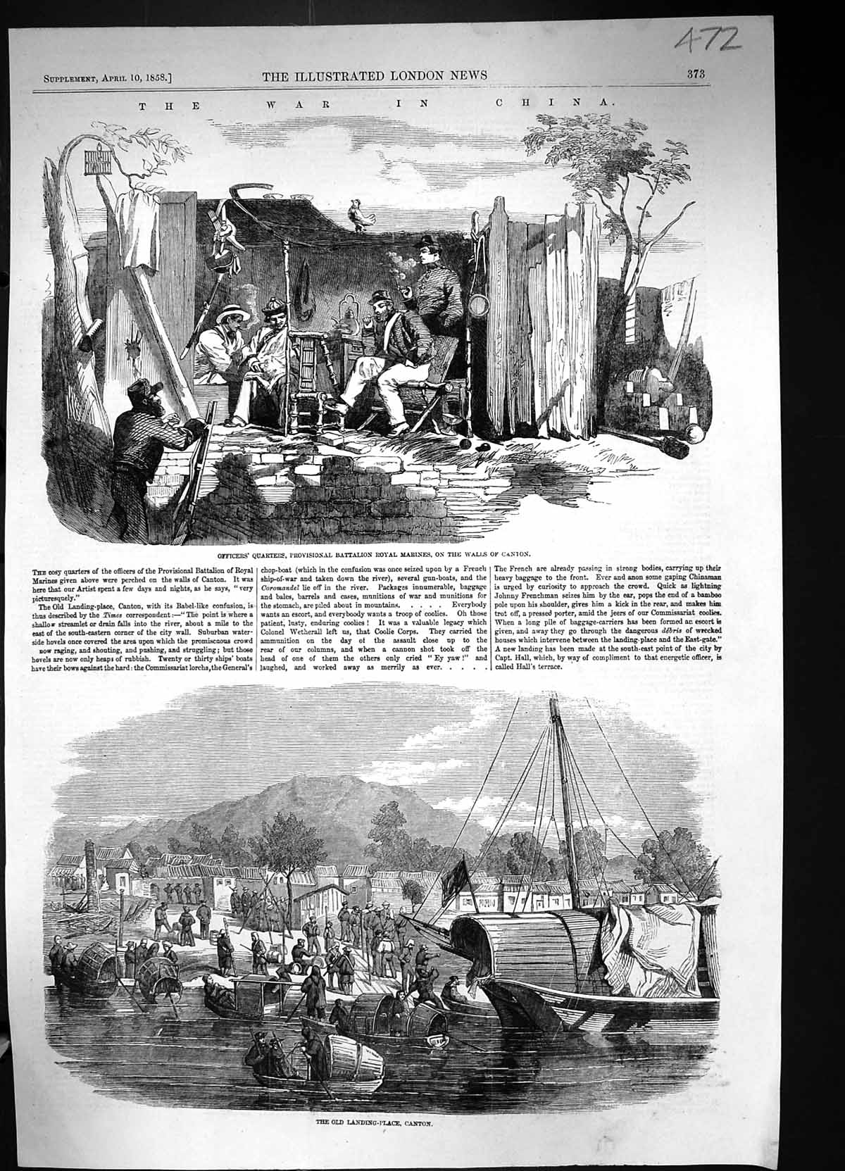 Old 1858 War China Canton Boats Officers Quarters Battalion Royal Mar Victorian