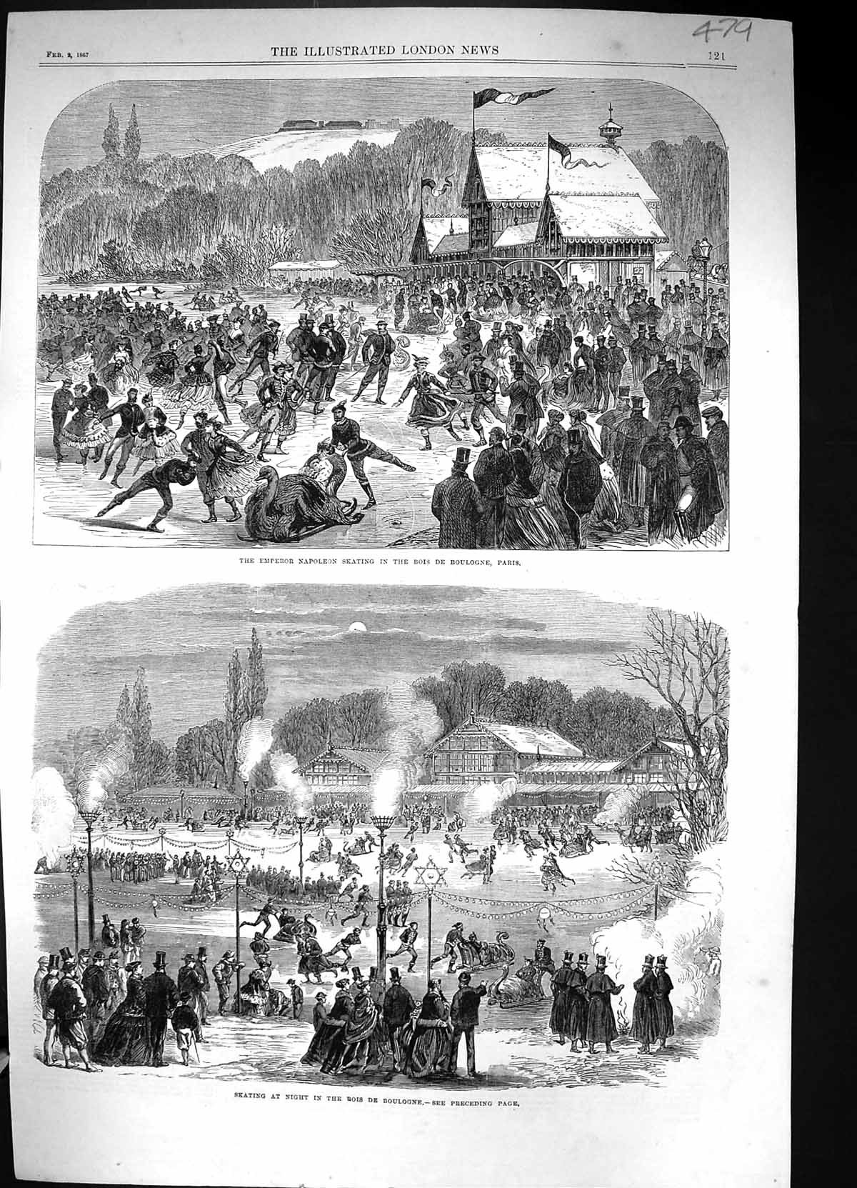 Antique Print 1867 Emperor Napoleon Ice Skating Bois Boulogne Paris France 19th