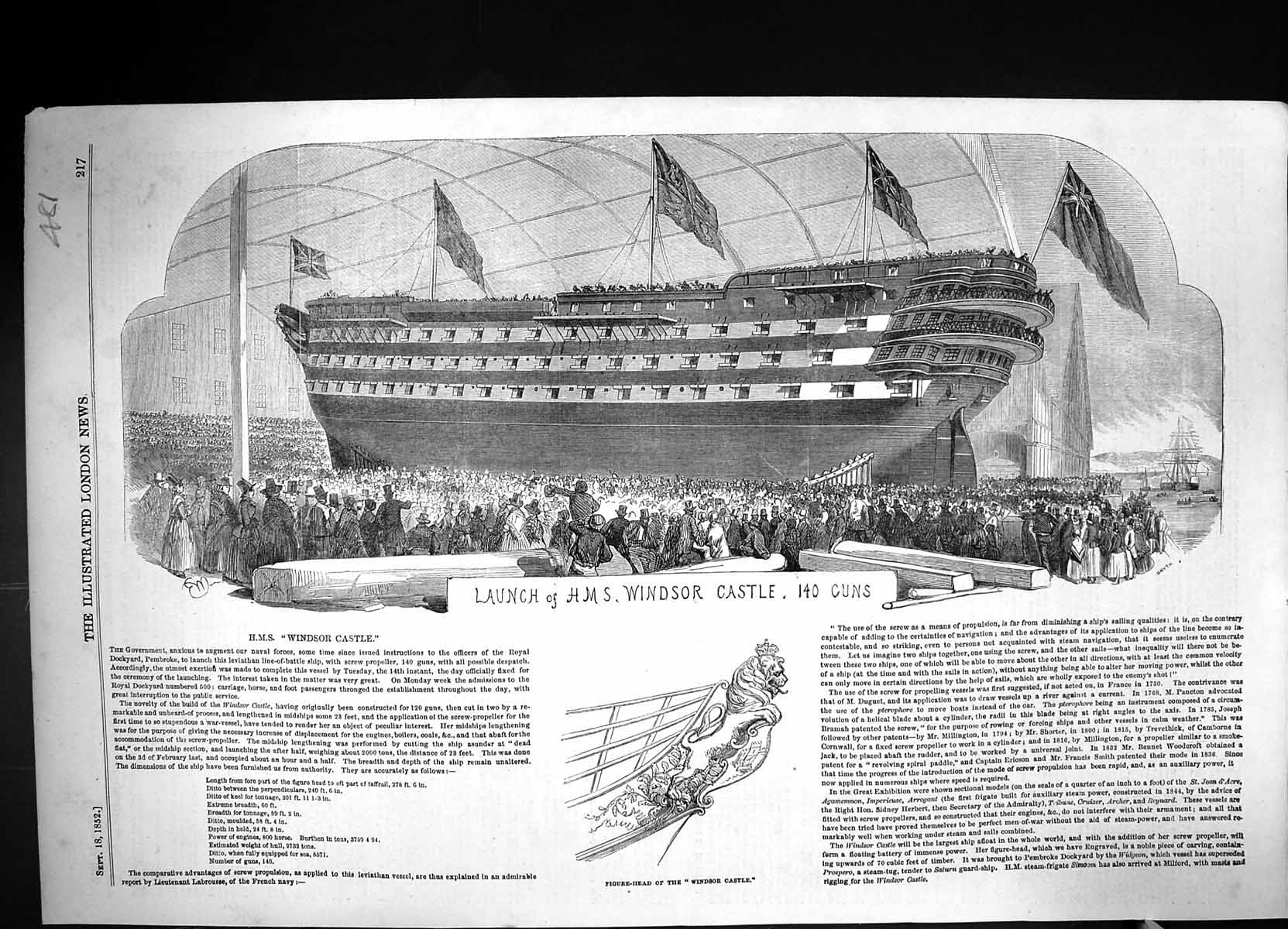 Antique Old Print 1852 Launch H.M.S. Ship Windsor Castle 140 Guns Figure-Head