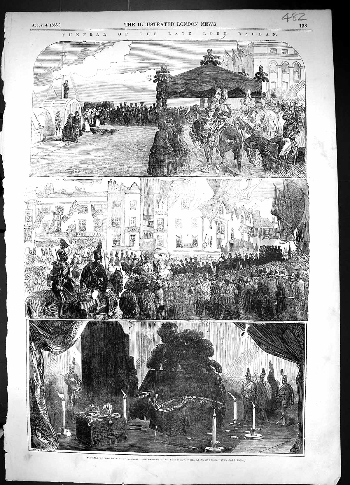 Old Antique Print 1855 Funeral Lord Raglan Procession Body Lying-In-State 19th