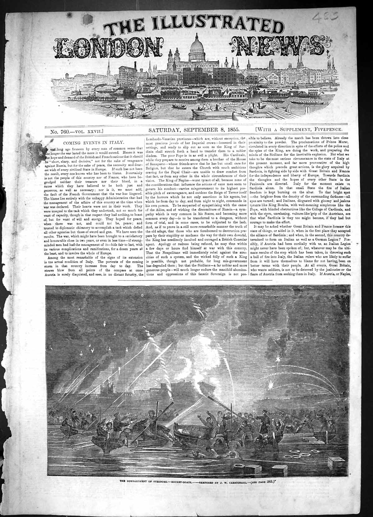 Old Antique Print 1855 War Bombardment Sveaborg Rocket-Boats Carmichael 19th