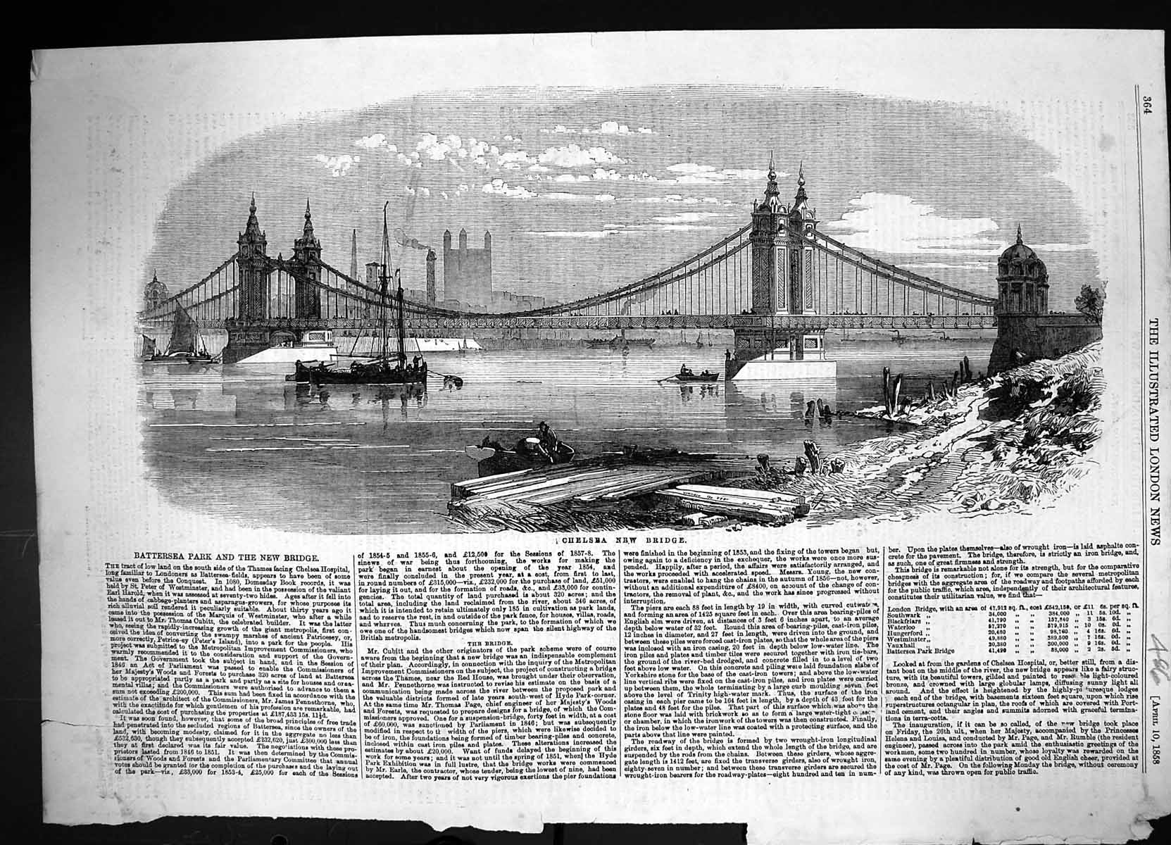 Antique Print 1858 Chelsea New Suspension Bridge River Thames London Boats 19th