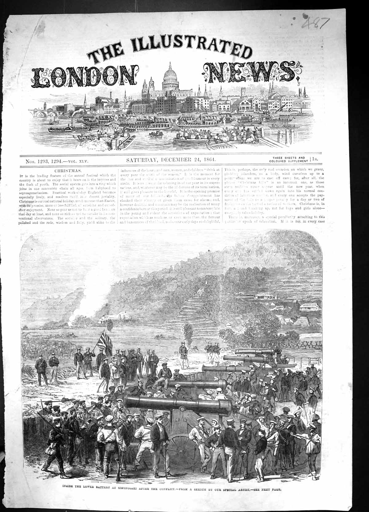 Antique Print 1864 Inside Lower Battery Simonosaki War Sodliers Canon Guns 19th