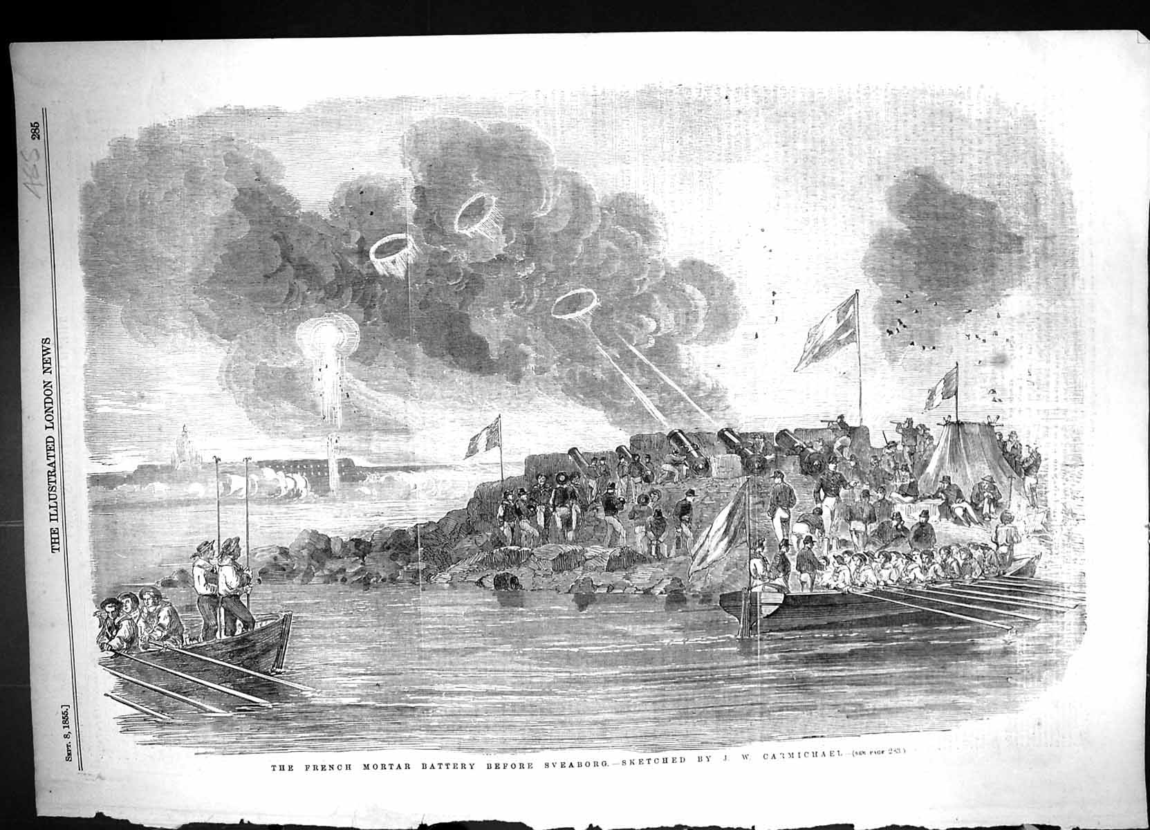 Antique Old Print 1855 War French Mortar Battery Sveaborg Siers Carmichael 19th