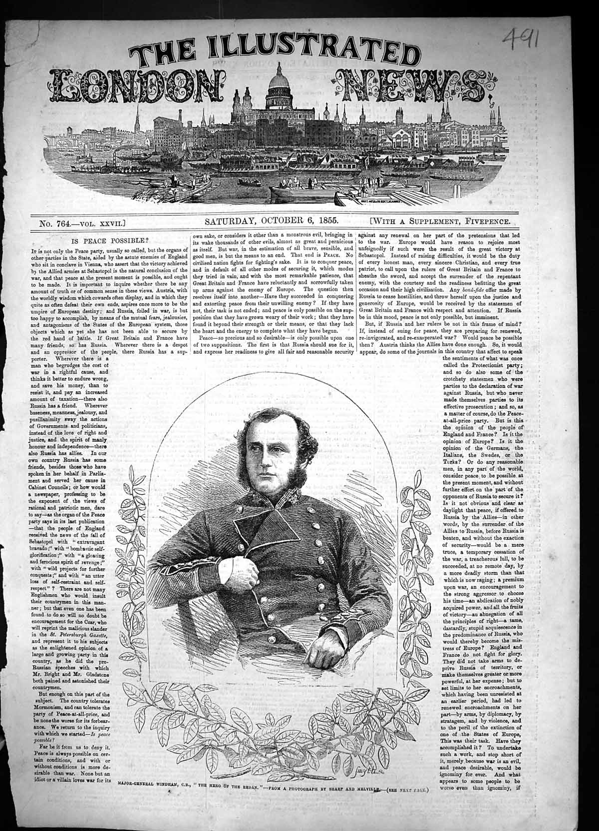 Antique Print 1855 Portrait Major-General Windham Hero Redan Sharp Melville