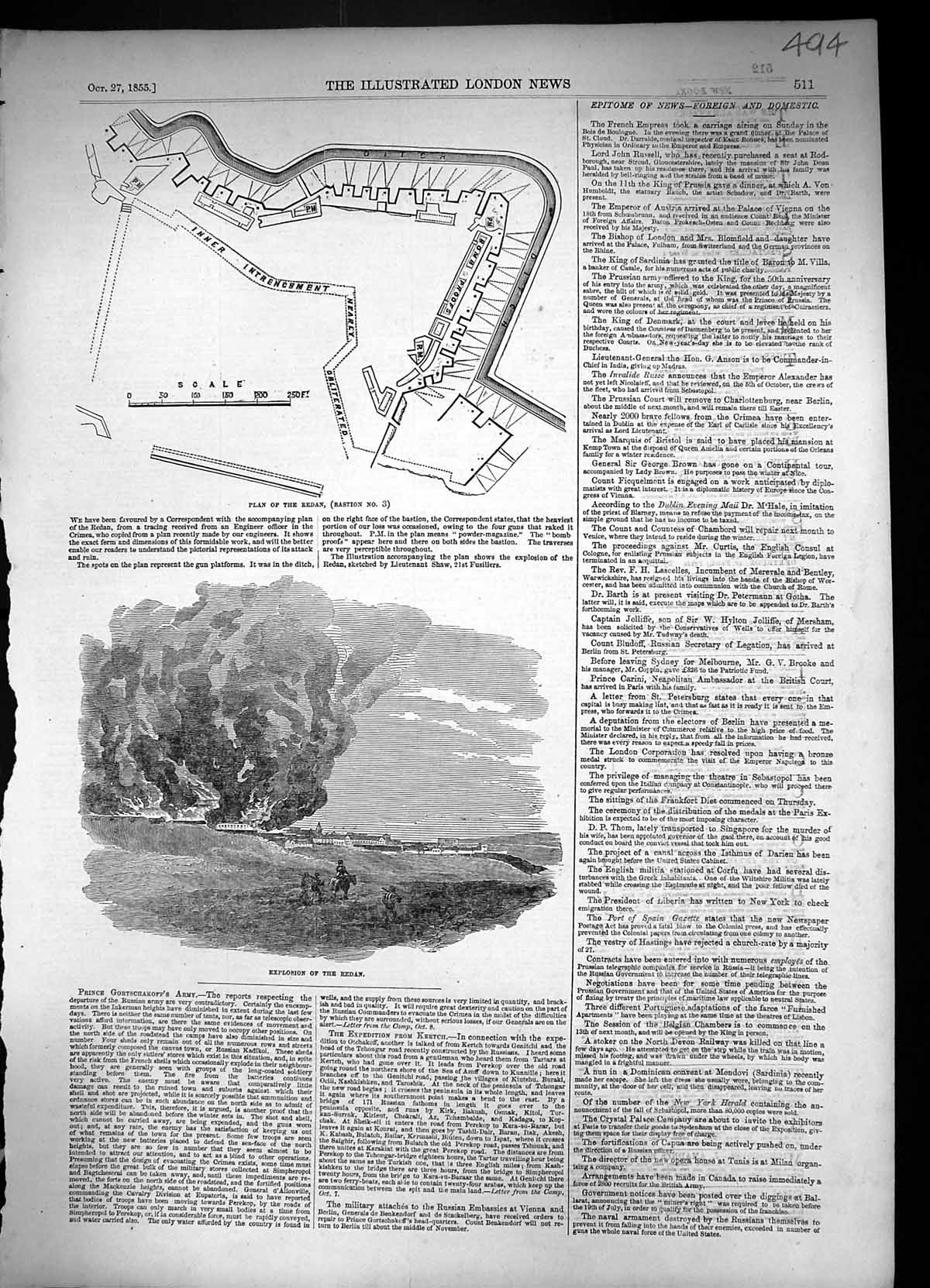 Original Old Antique Print 1855 Plan Redan Inner Trenchment Explosion War 19th