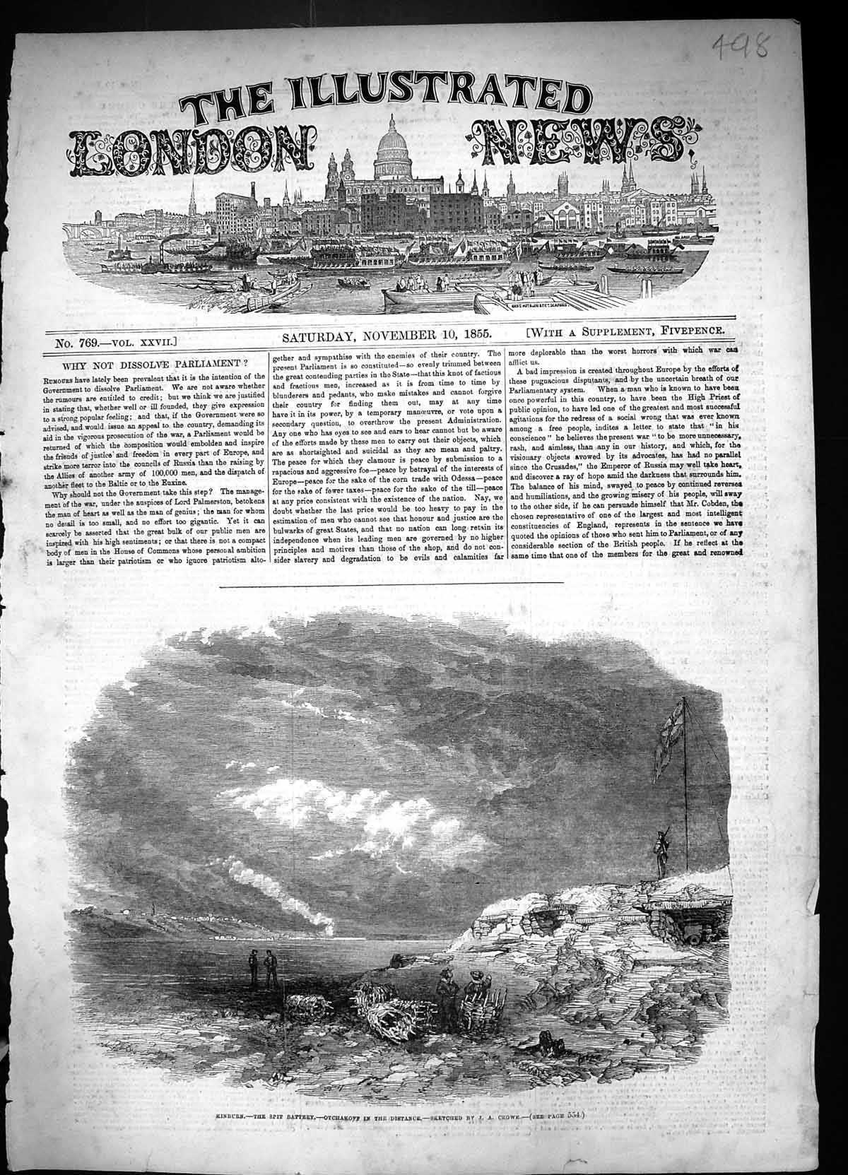 Original Old Antique Print 1855 View Kinburn Spit Battery Otchakoff Crowe War