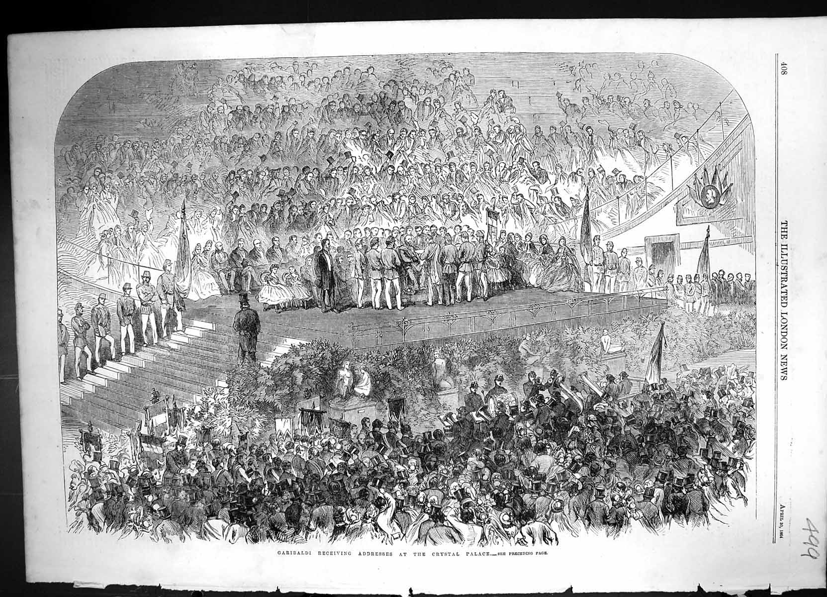 Old Print 1864 Scene Garibaldi Receiving Addresses Crystal Palace London 19th