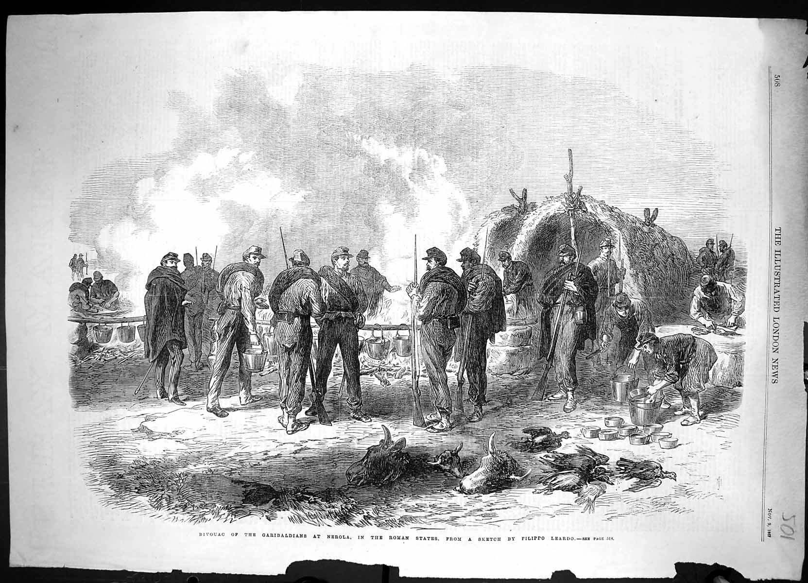 Old Print 1867 Bivouac Garibaldians Nerola Roman States Siers Filippo Le 19th