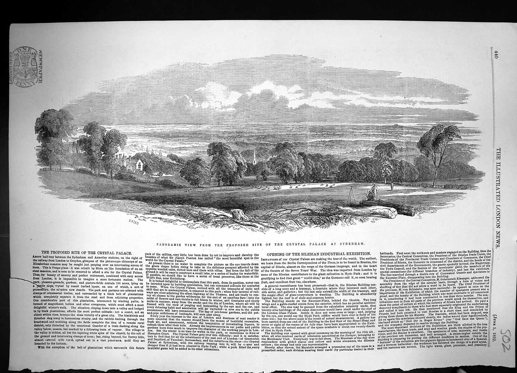 Antique Old Print 1852 Panoramic View Proposed Site Crystal Palace Sydenham