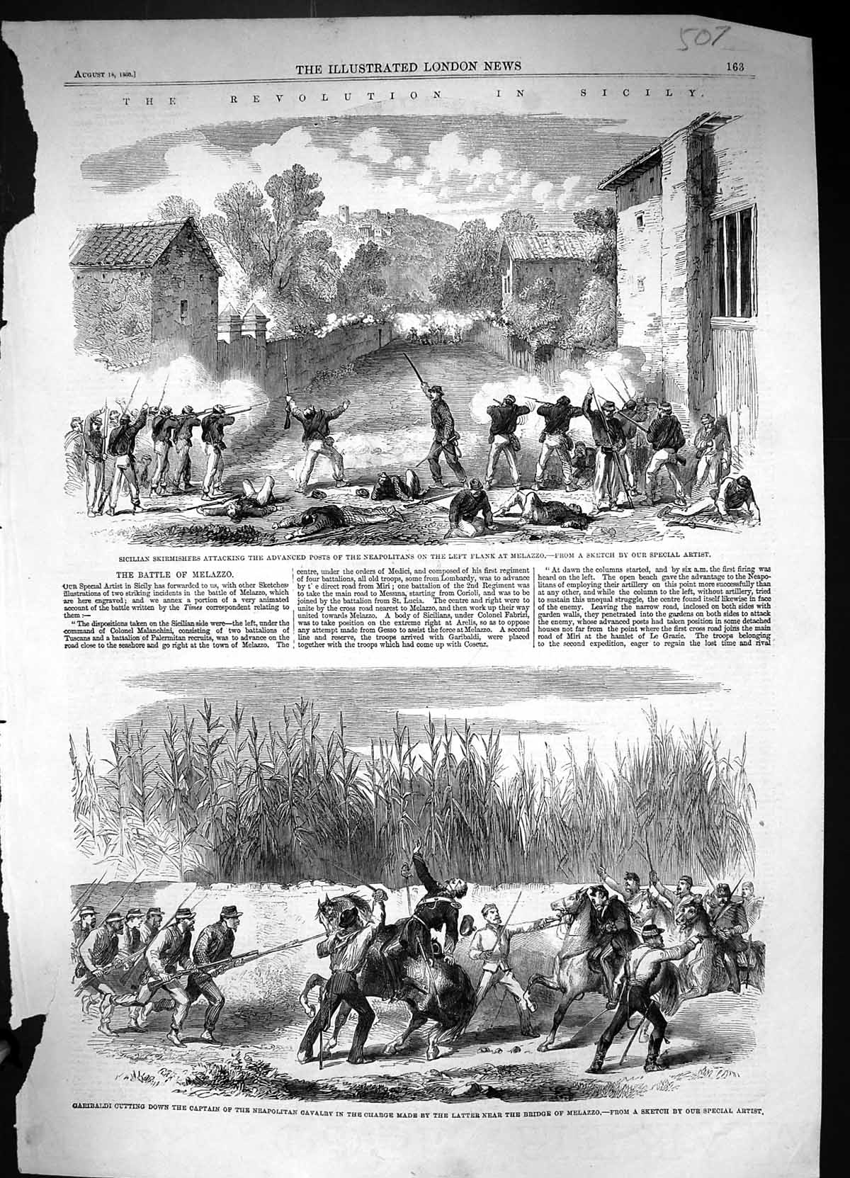 Old Print 1860 Revolution Sicily Italy Garibaldi Neapolitan Siers Melazz 19th
