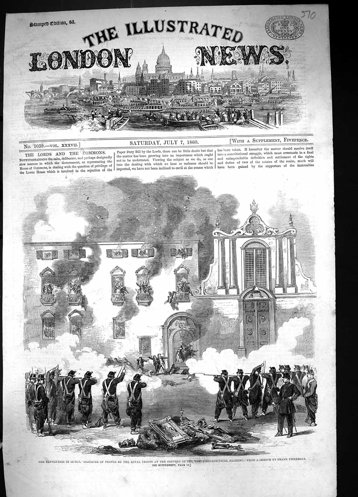 Old 1860 Revolution Sicily Massacre People Troops Convent Benedictine Victorian