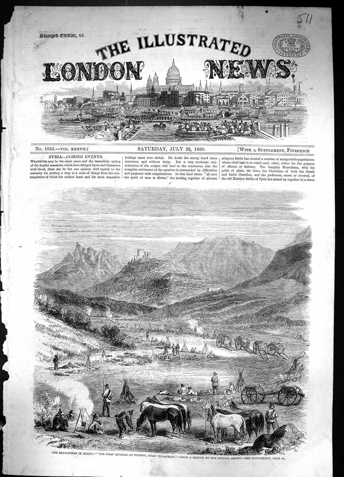 Old Print 1860 Revolution Sicily Bivouac Sunrise Villafrati Siers Mounta 19th