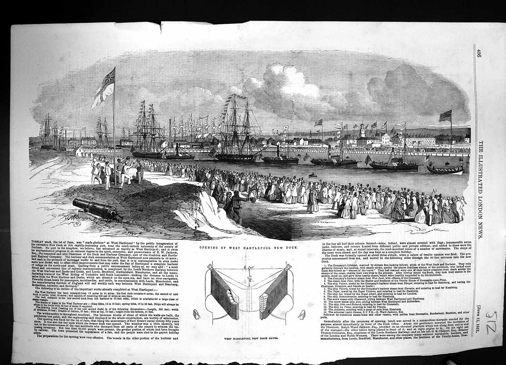Antique Old Print 1852 Opening West Hartlepool Docks New Gates Ships England
