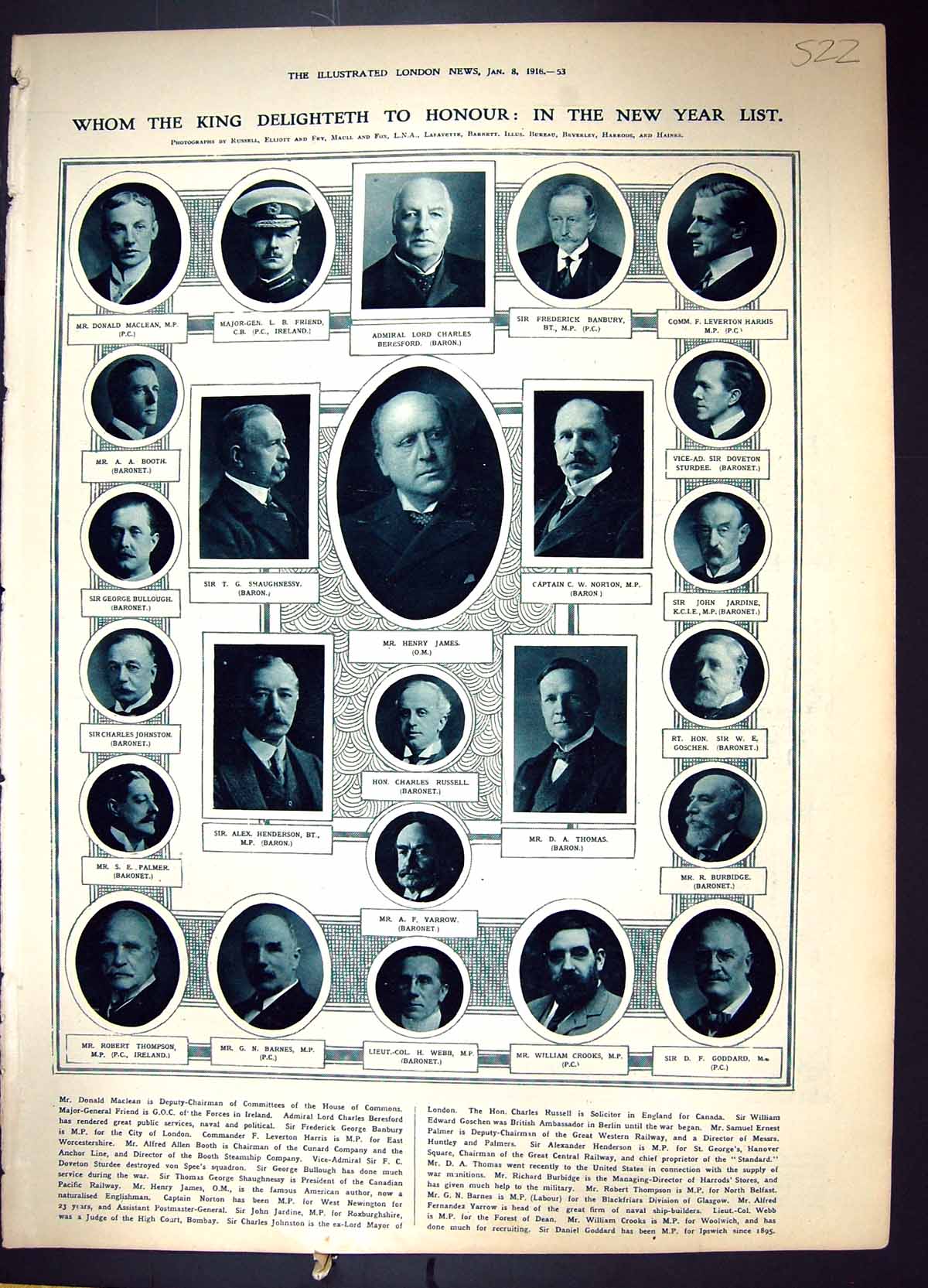 Old 1916 Honours List Russell James Beresford Maclean Bullogh Goschen 20th