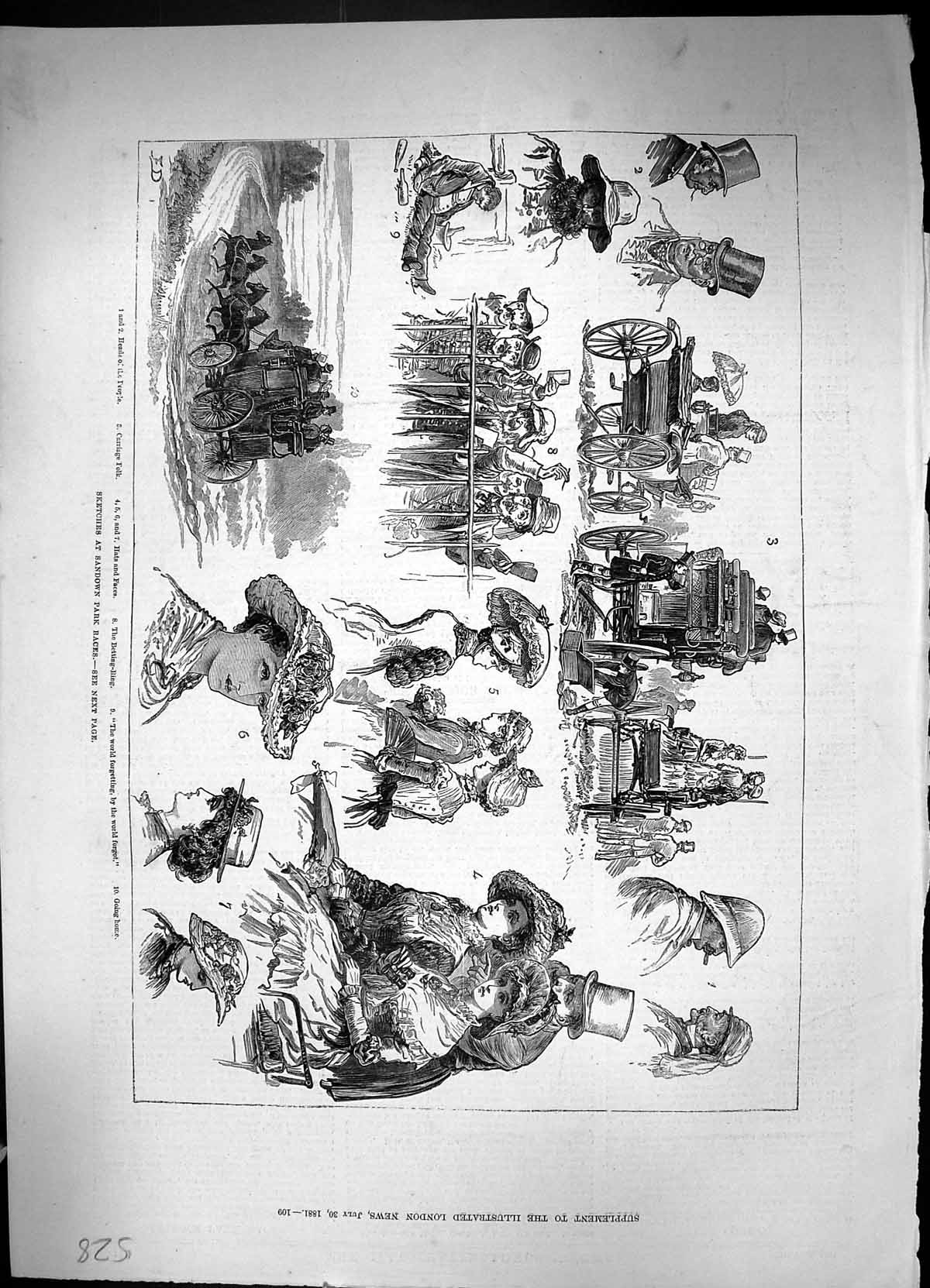Original Old Antique Print 1881 Sandown Park Horse Racing Carriage Transport