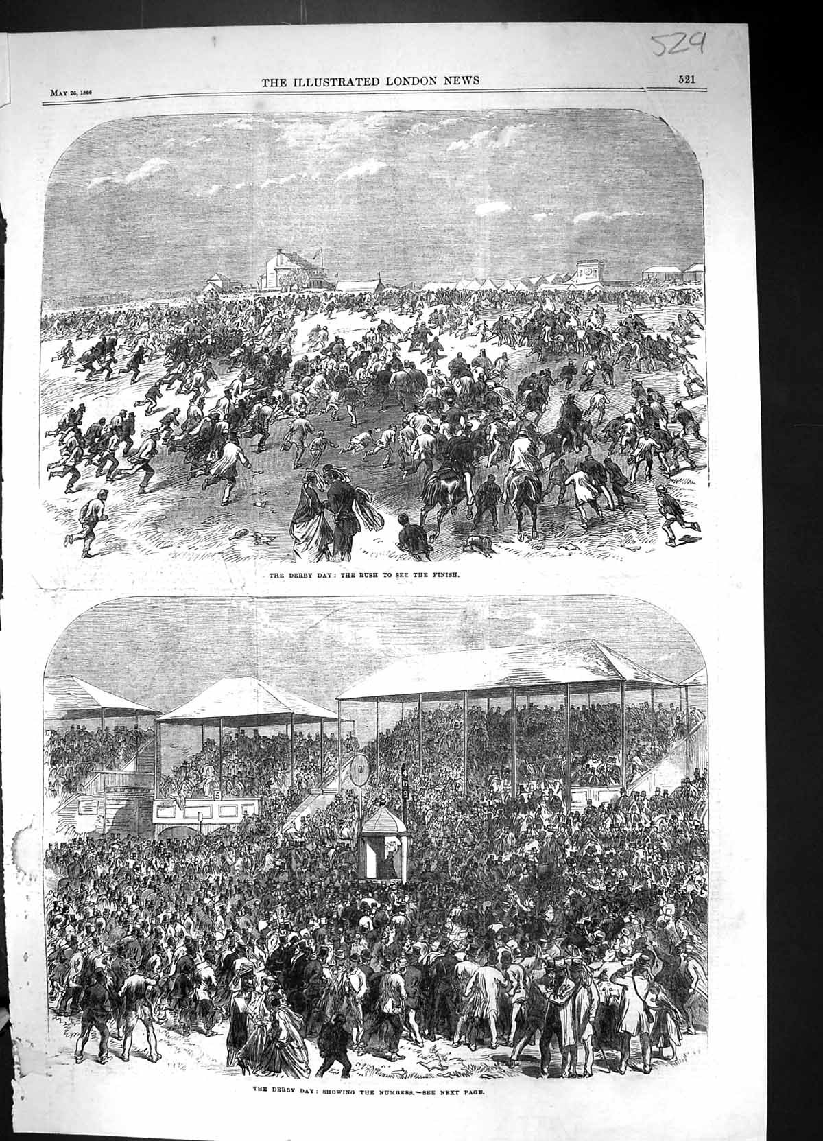 Original Old Antique Print 1866 Derby Horse Racing Day Audience Sport Victorian
