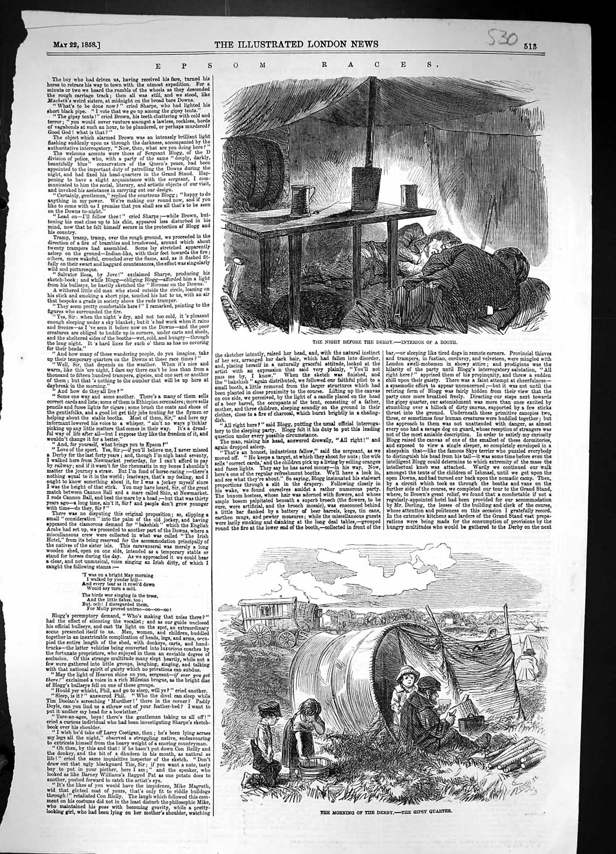 Original Old Antique Print 1858 Epsom Horse Racing Derby Gipsy Camp Tent 19th