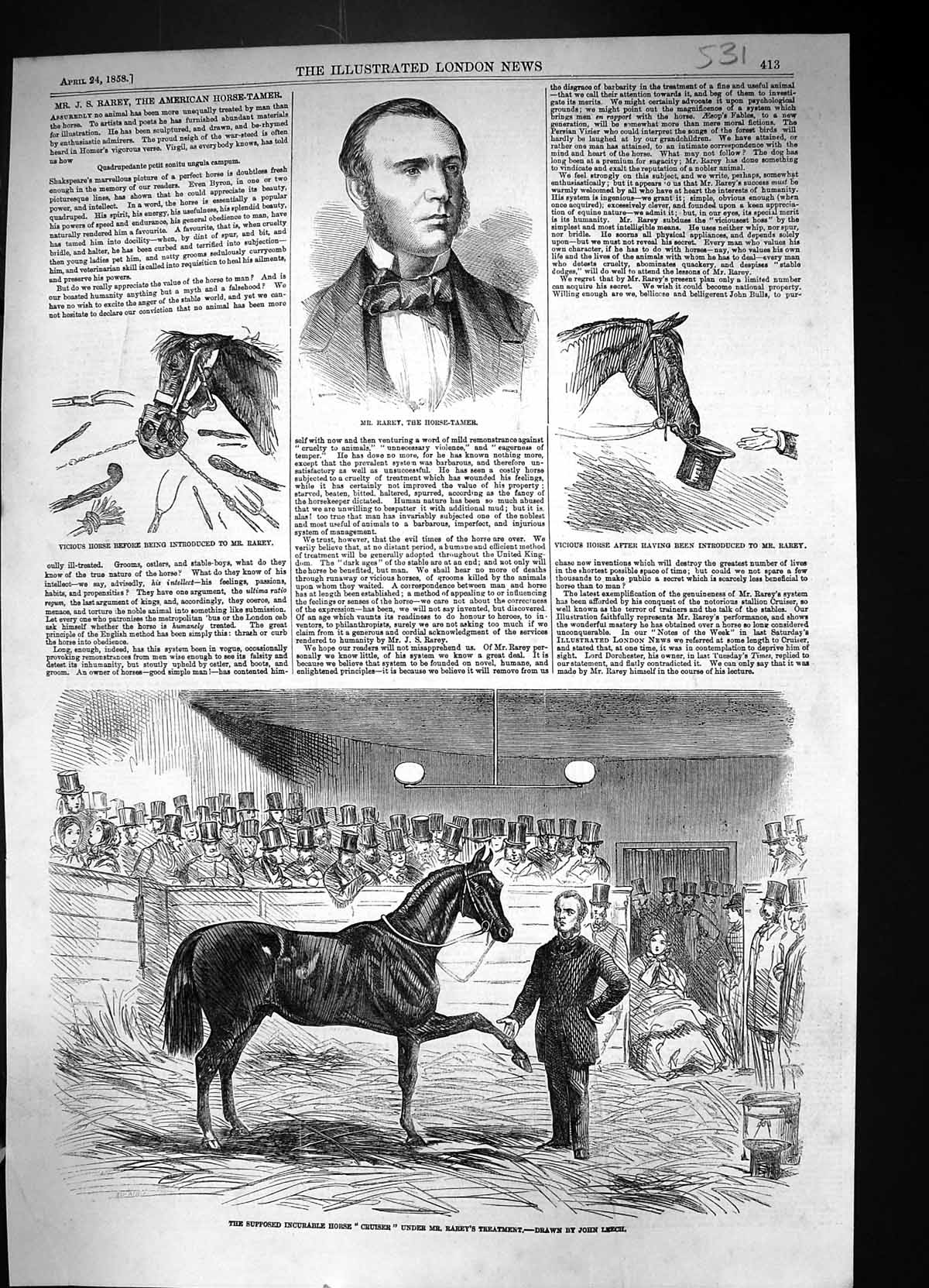 Original Old Antique Print 1858 Incurable Horse Cruiser Rarey Treatment Tamer