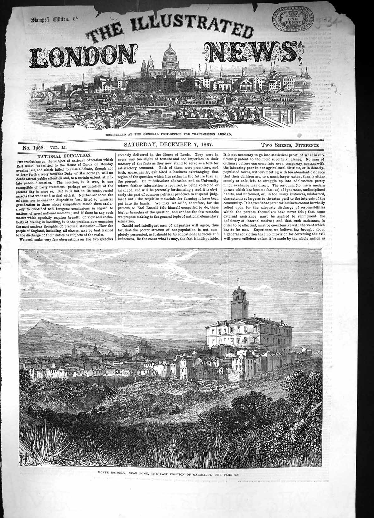 Antique Old Print 1867 View Monte Rotondo Rome Italy Garibaldi Architecture